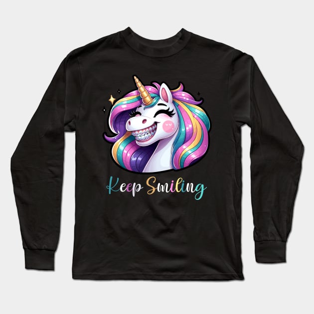 Keep Smiling Cute Unicorn Men Women Girl Boy Orthodontist Long Sleeve T-Shirt by AimArtStudio